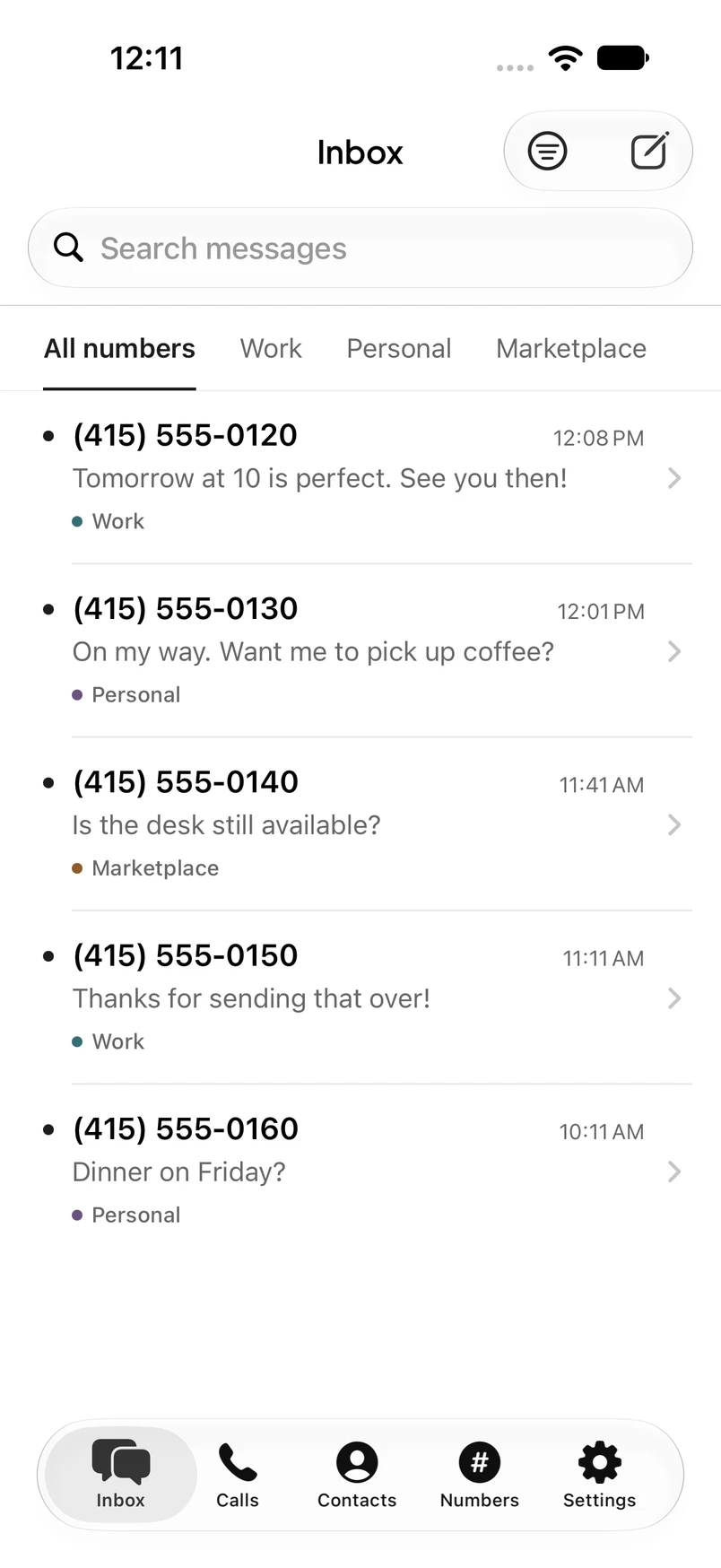 RingOtter inbox showing conversations organized by Twilio number. Sample activity.